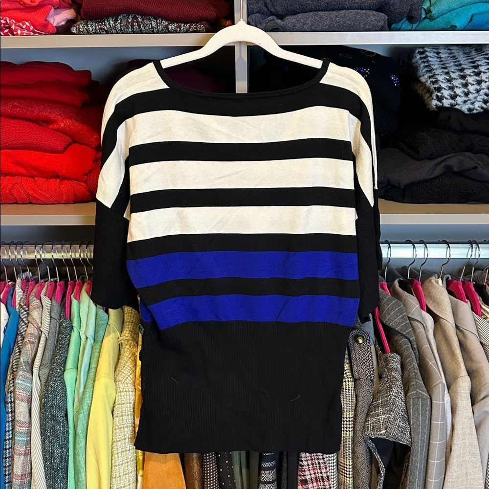 Cable & Gauge black/blue/white striped 1/2 dolman sleeve sweater size S - Picture 3 of 3